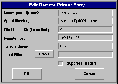 Editing the remote printer entry