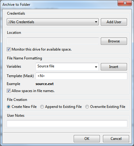 Action setup dialog