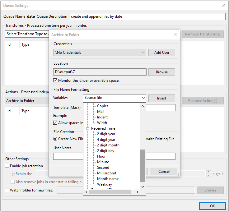 Selecting print job date elements for filename