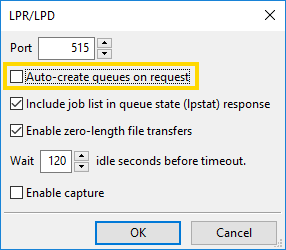 turn off auto-create queue in LPD setup