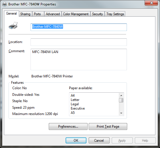 Brother printer properties