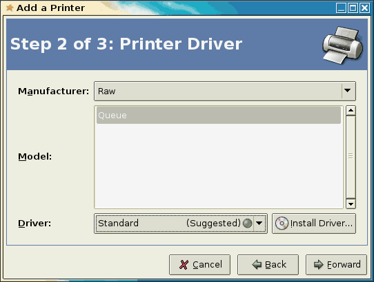 Add a printer wizard window, step 2 Printer driver