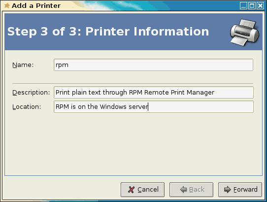Add a printer wizard window, step 3 Printer information