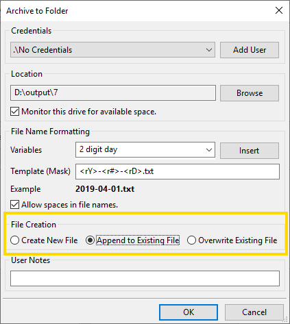 Archive setup for appending to file