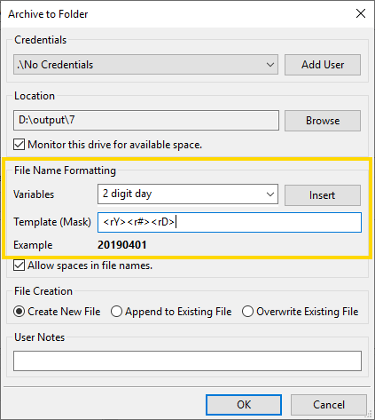 Archive folder file naming setup