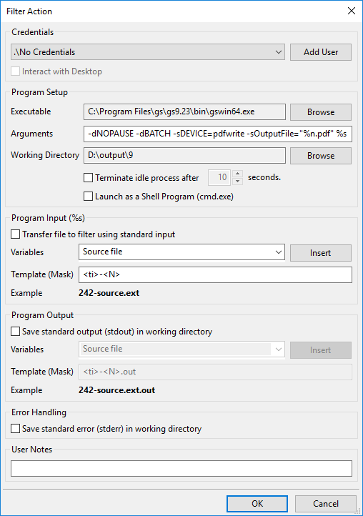 filter action to convert PostScript to PDF