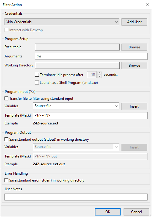 Filter action setup