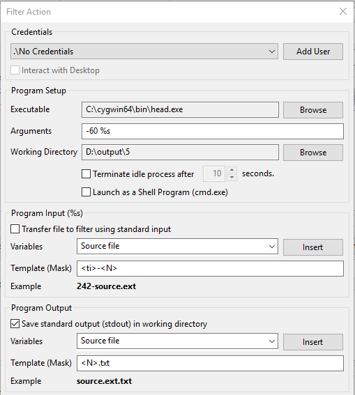 Filter setup using stdout