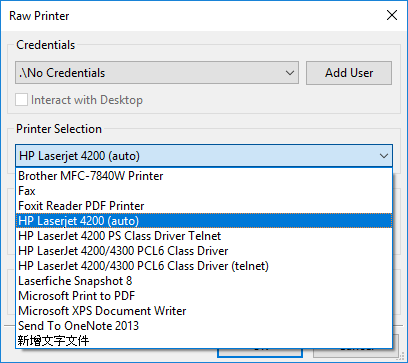 Selecting a printer in raw print