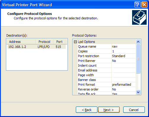 Port wizard destination options