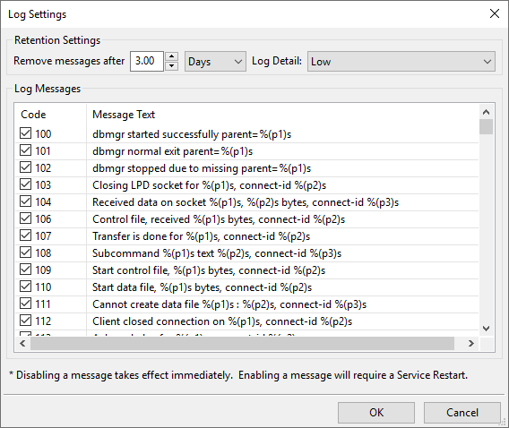 Message log settings