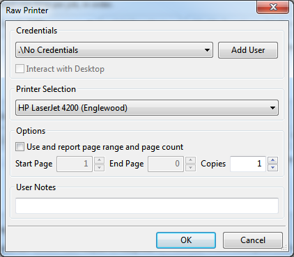 Raw Printer action setup