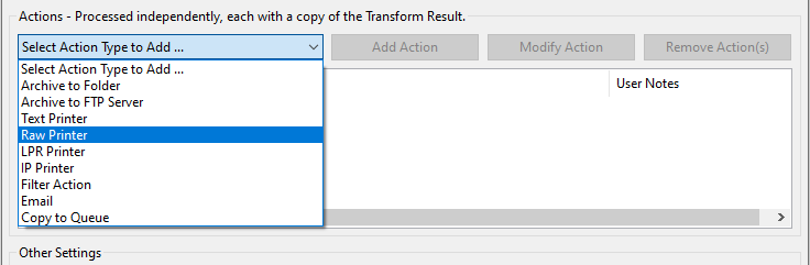 Selecting the Raw Print action