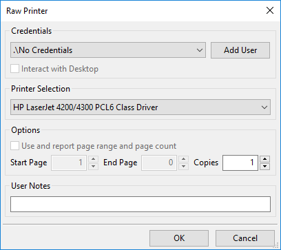 Raw Printer setup form