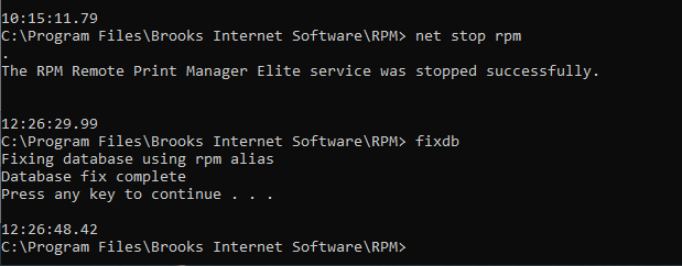 Database maintenance in an elevated command window