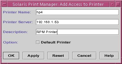 Add access to printer in Solaris Print Manager