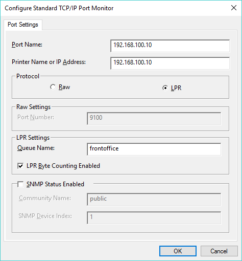 TCP/IP port monitor setup